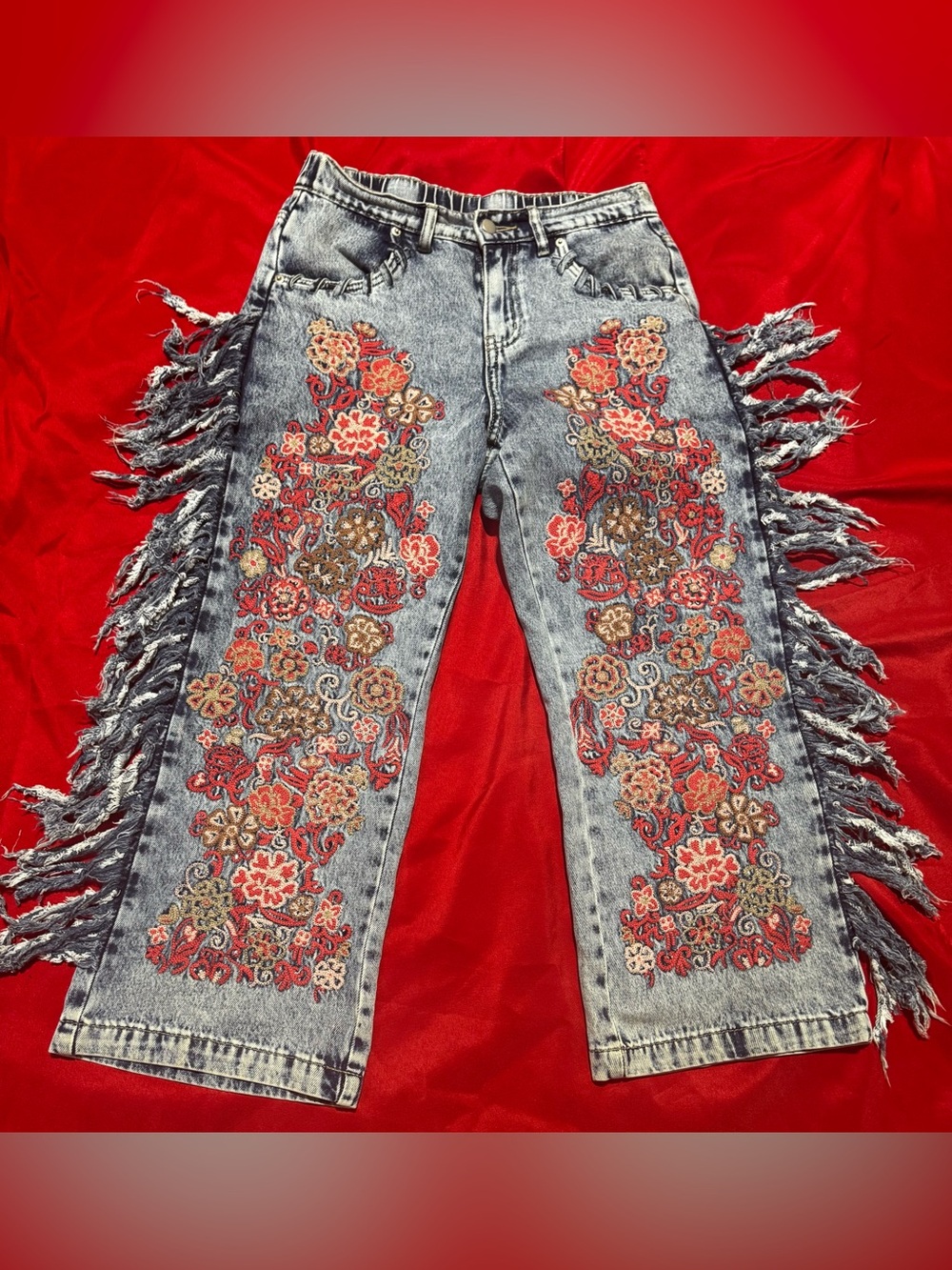 Oh Wide-Leg Fringe Jeans with Red & Tan Floral Embroidery